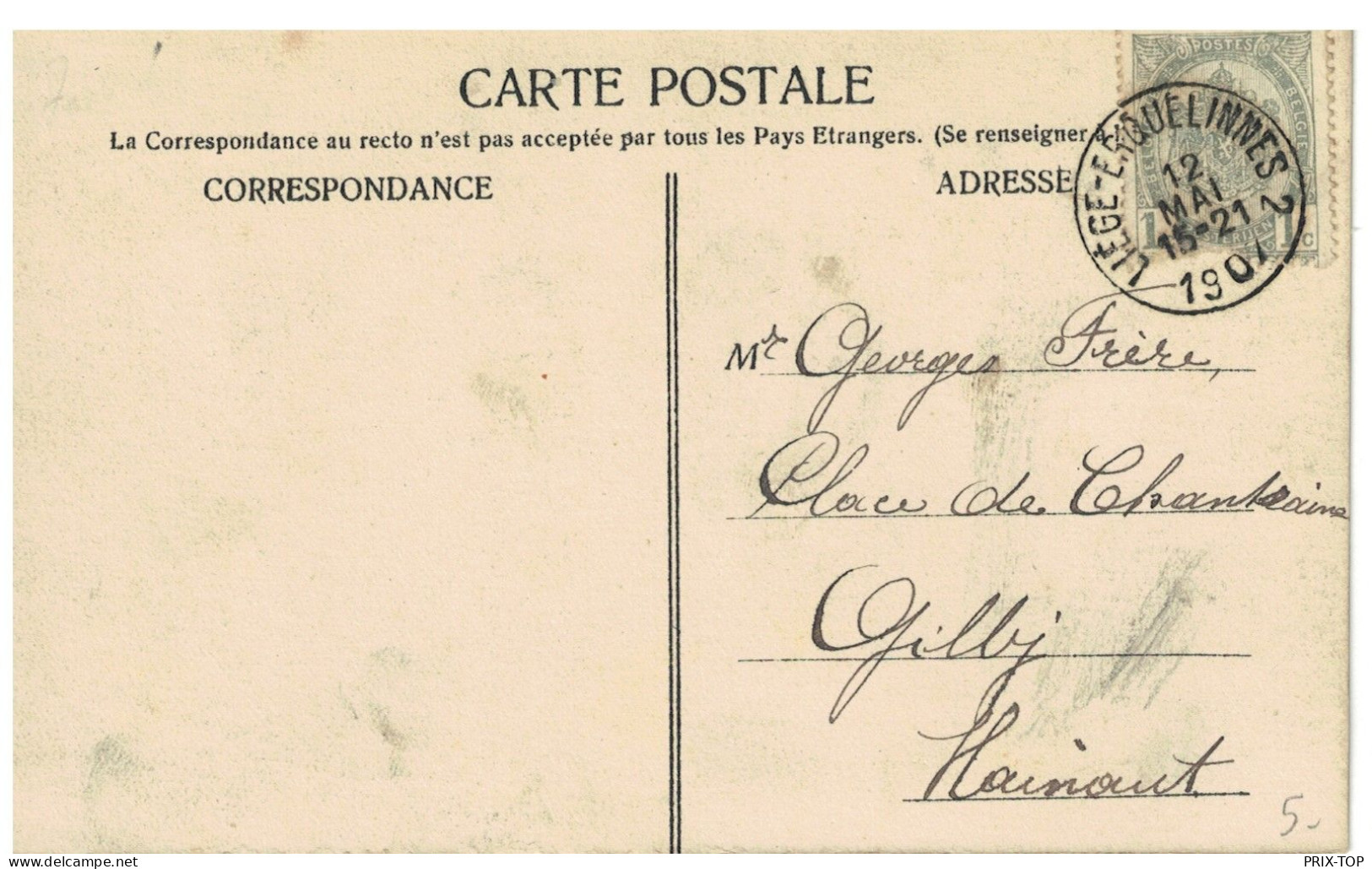 TP 53 S/CP Namèche Obl. LIEGE-ERQUELINNES 2 12/5/1907 > Gilly - Ambulants