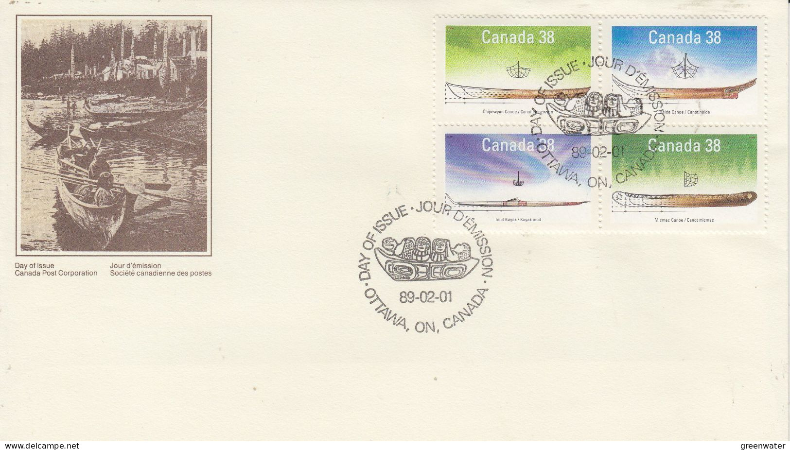 Canada 1989 Natice Canoes 4v FDC Ca 1.2.1989 (CN169) - 1981-1990