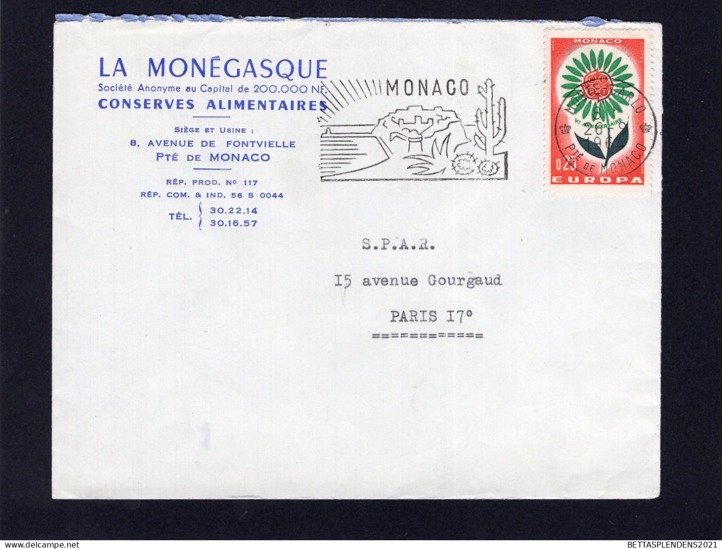 LSC 1964 - Entête " LA MONEGASQUE - Conserves Alimentaires " - Flamme MONACO & Cachet Monte Carlo Sur YT 652 - Brieven En Documenten