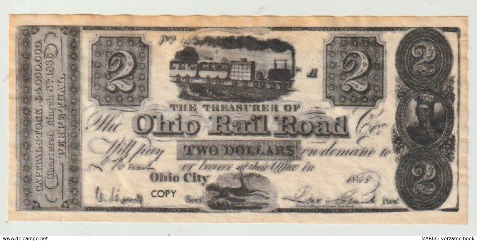 Banknote 1845 $2.00 Ohio Railroad Company (Copy) VF - Sonstige & Ohne Zuordnung