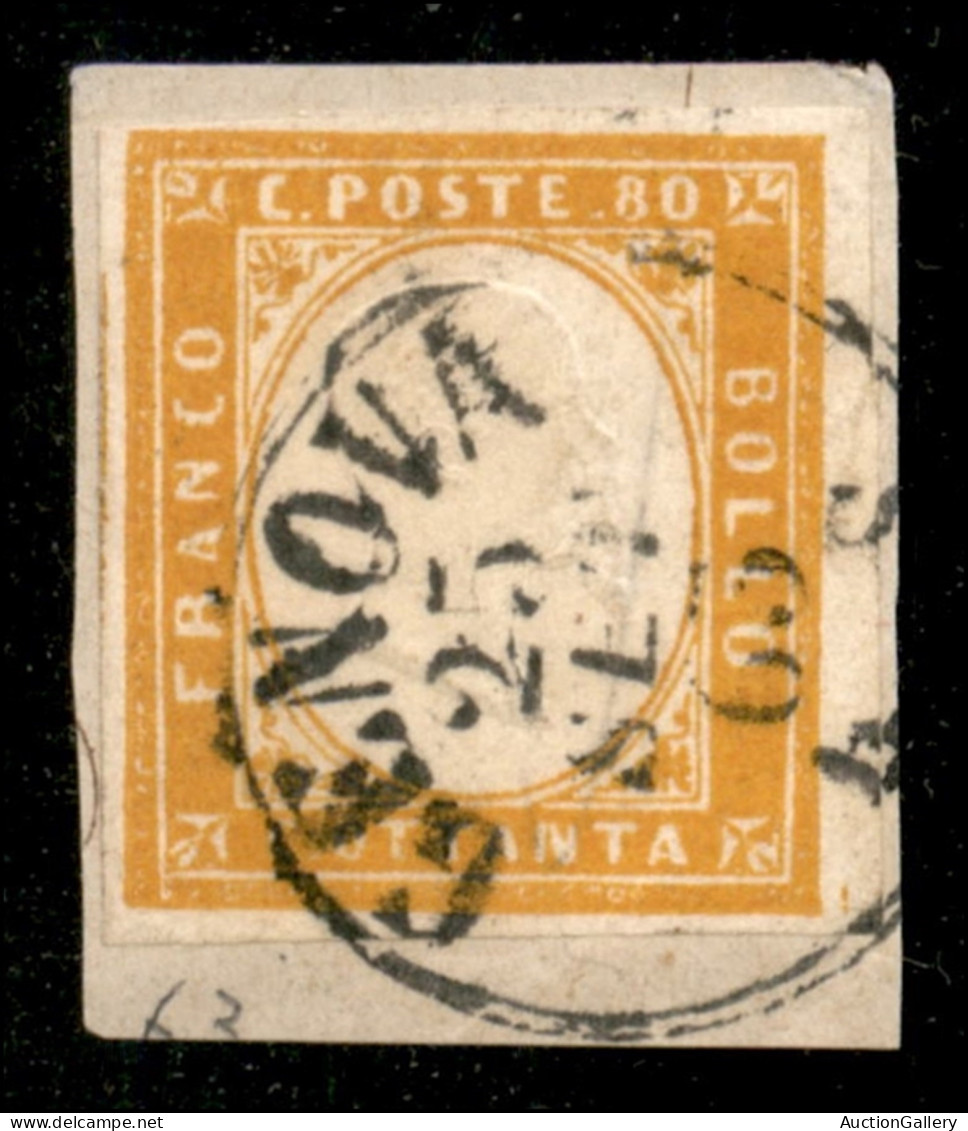 Antichi Stati Italiani - Sardegna - 1862 - 80 Cent Arancio Carico (17D) Su Frammento - Diena + Cert. Raybaudi (950) - Autres & Non Classés