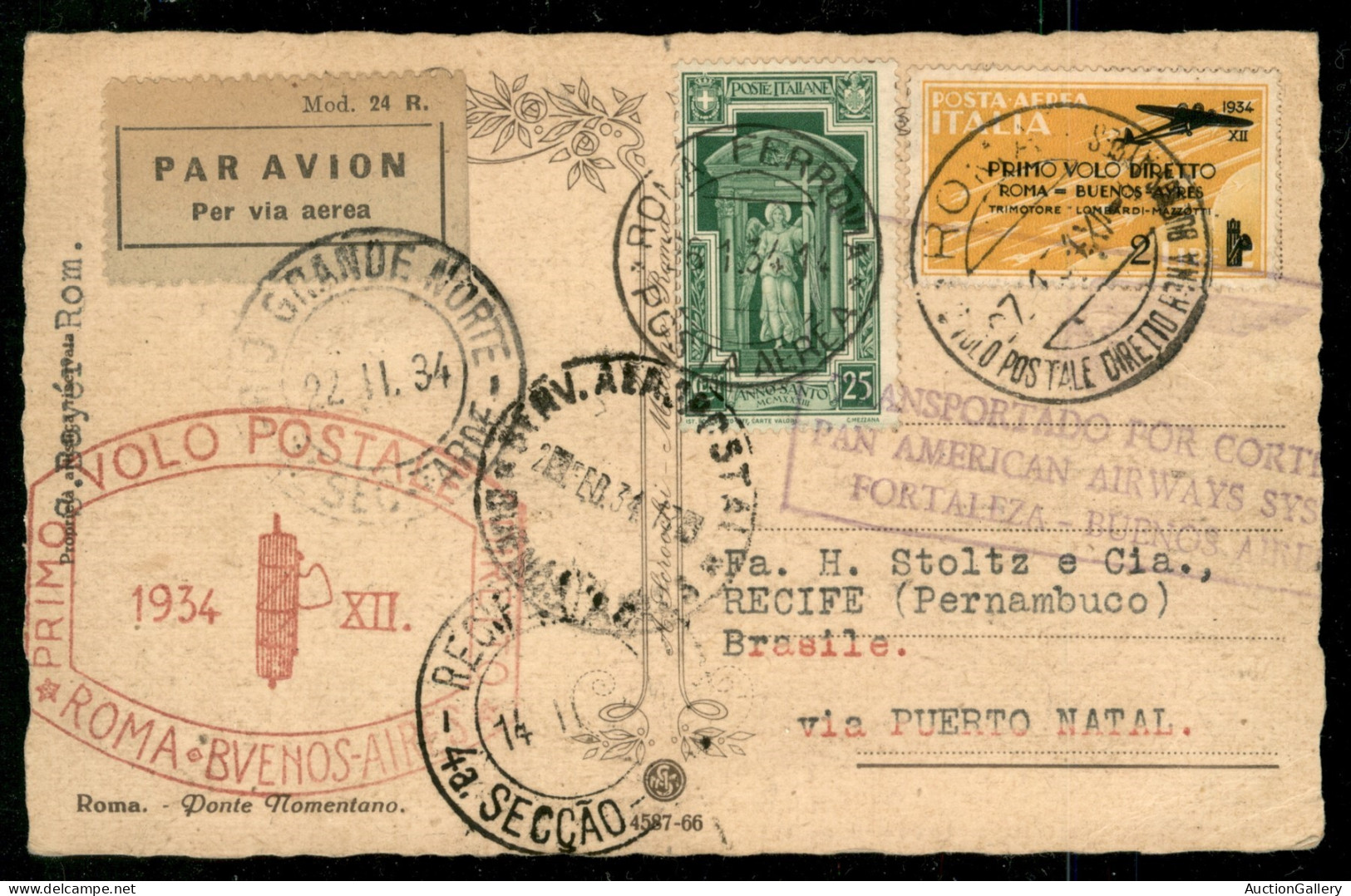 Regno - Posta Aerea - 1934 (27 Gennaio) Primo Volo Roma Buenos Aires (Loghi 3069) - Cartolina In Tariffa Speciale Da Rom - Autres & Non Classés