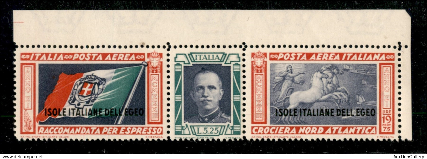 Colonie - Egeo - 1933 - Trittico Crociera Balbo Varietà "Ciuffo" (28a) - Angolo Di Foglio - Gomma Integra Con Grinza Sul - Sonstige & Ohne Zuordnung