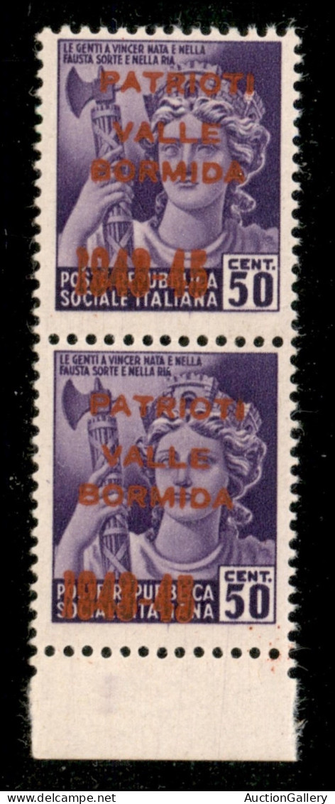 C.L.N. - Valle Bormida - 1945 - Soprastampa Vermiglio - 50 Cent (5A) In Coppia Verticale Bordo Foglio Con Soprastampa De - Otros & Sin Clasificación