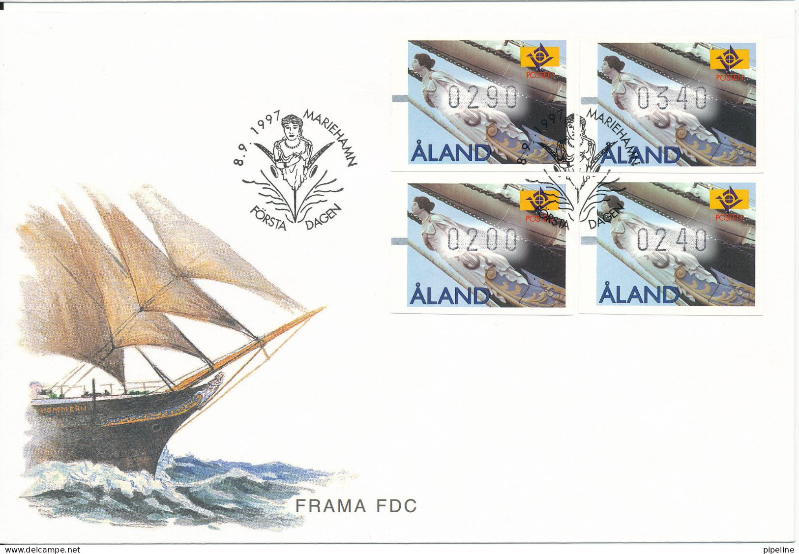 Aland FDC Mariehamn 8-9-1997 Set Of 4 FRAMA Labels With Ship Cachet - Automatenmarken [ATM]