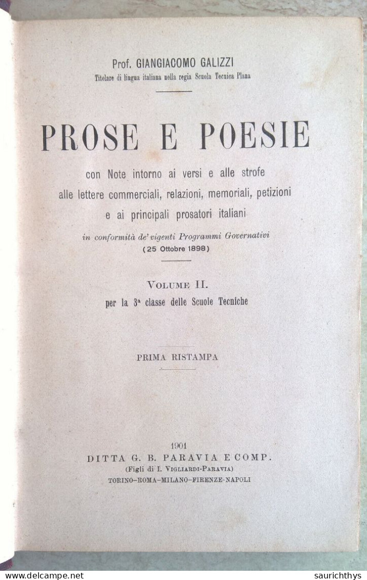 Giangiacomo Galizzi Prose E Poesie Per La 3 Classe Delle Scuole Tecniche Paravia 1901 - Ragazzi