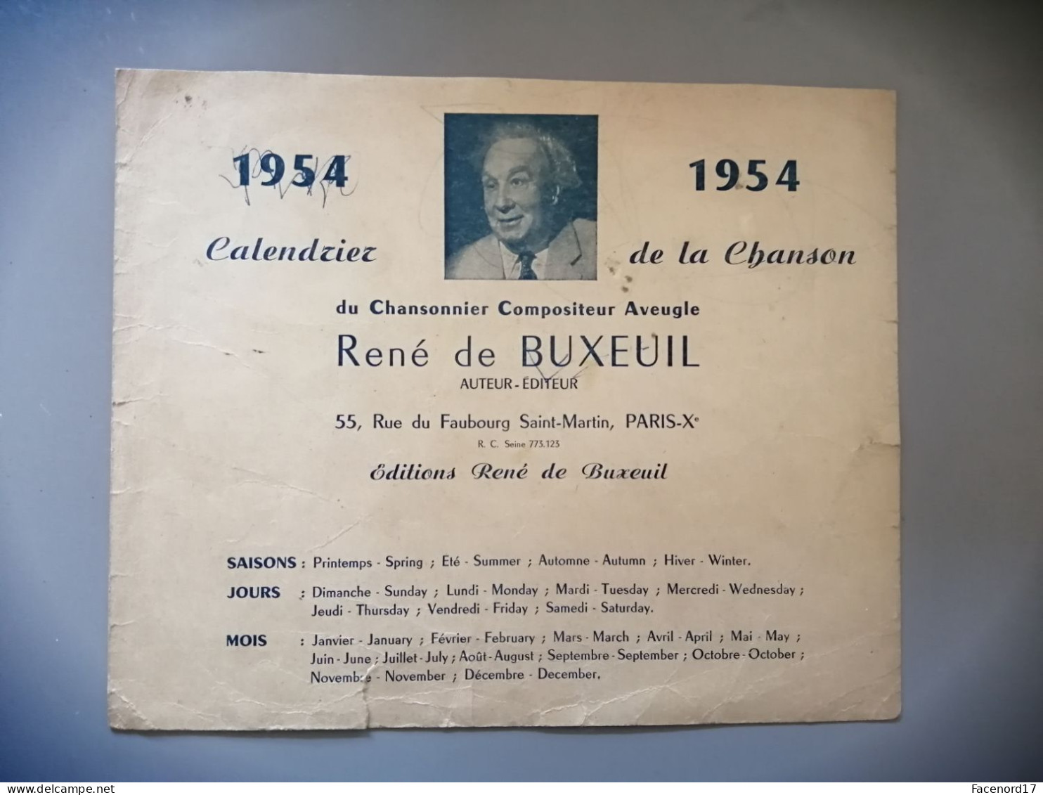 Calendrier De La Chanson Du Chansonnier Compositeur Aveugle René De Buxeuil 1954 - Big : 1941-60