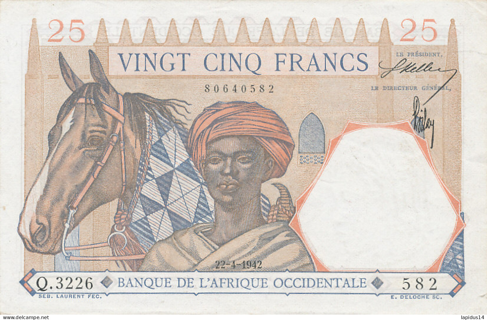  BILLET    BANQUE  DE L'AFRIQUE OCCIDENTALE  25 FRANCS  Q 3226     22-4-1942 - Zuid-Afrika