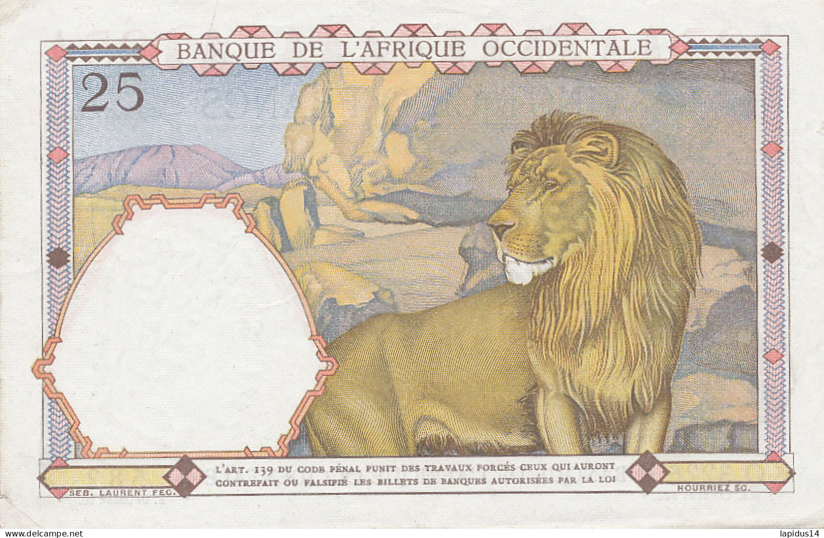  BILLET    BANQUE  DE L'AFRIQUE OCCIDENTALE  25 FRANCS  Q 3226     22-4-1942 - Afrique Du Sud