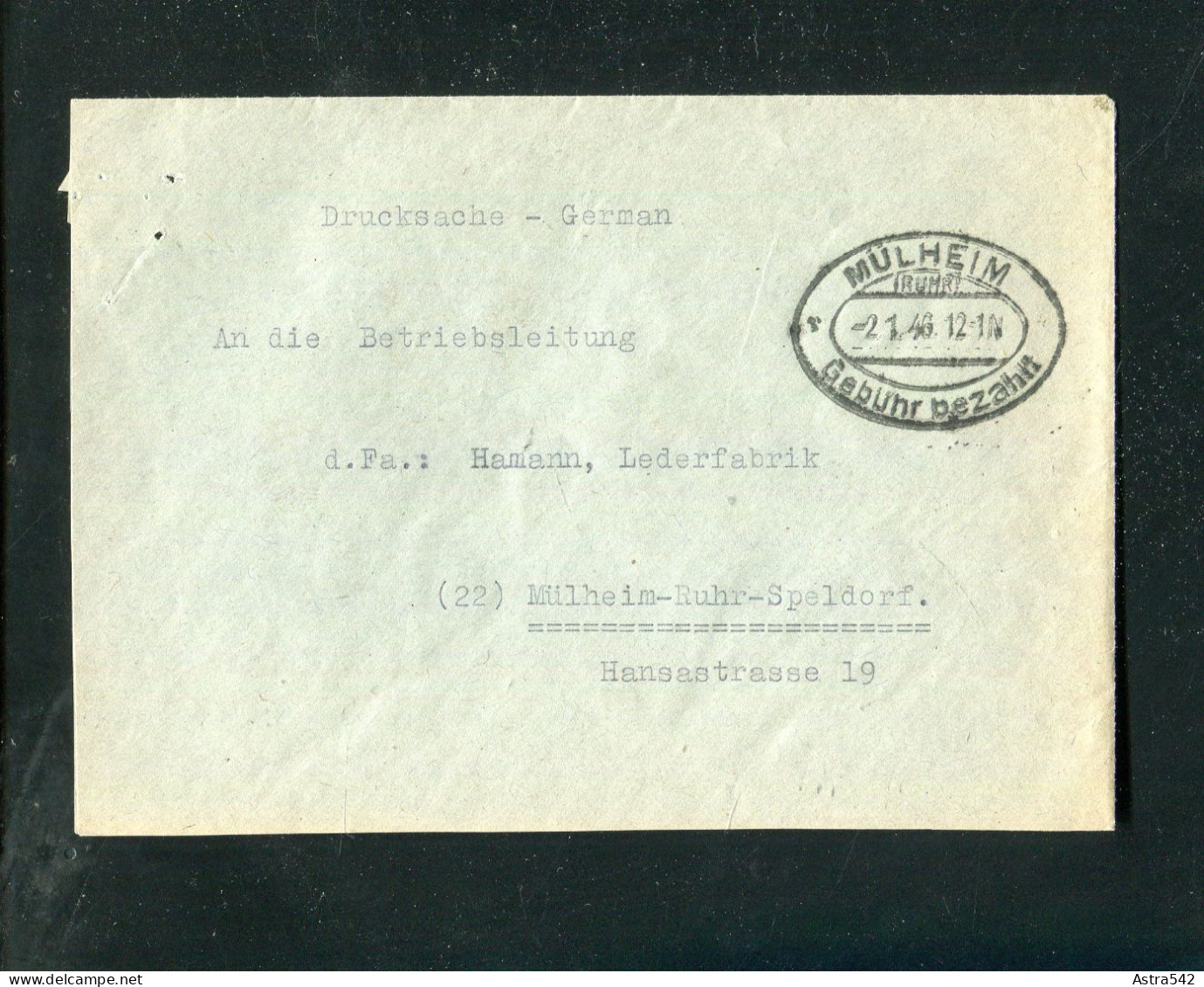 "ALL. BESETZUNG" 1946, Brief Ovalstempel "MUELHEIM Gebuehr Bezahlt" (2690) - Entiers Postaux