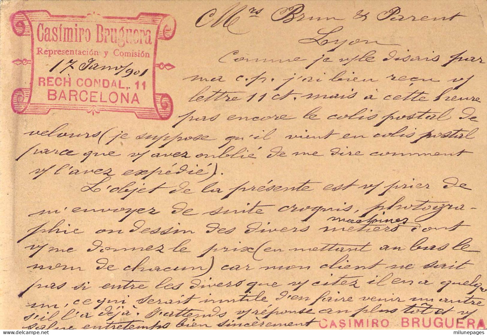 Lettre En-tête Casimiro Bruguera Representacion Y Comision Barcelona 1901 + Tarjeta Postal Privada - Spanje