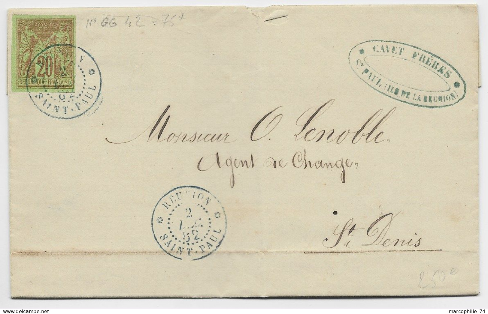 COLONIES 20C SAGE  LETTRE COVER  CACHET BLEU REUNION 2 DEC 1882 SAINT PAUL POUR ST DENIS - Brieven En Documenten