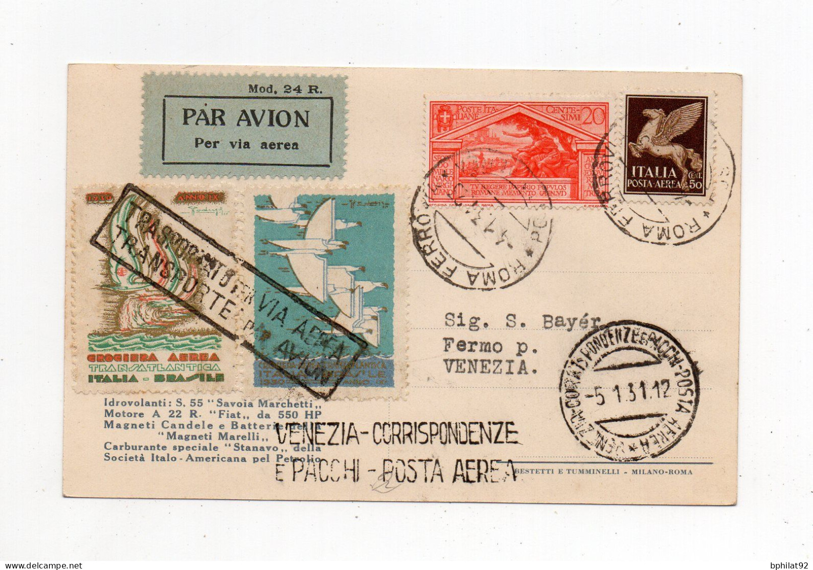 !!! ITALIE, VIGNETTES DE LA CROISIERE AERIENNE TRANSATLANTIQUE SUR CARTE PAR AVION DE ROME POUR VENISE - Storia Postale (Posta Aerea)