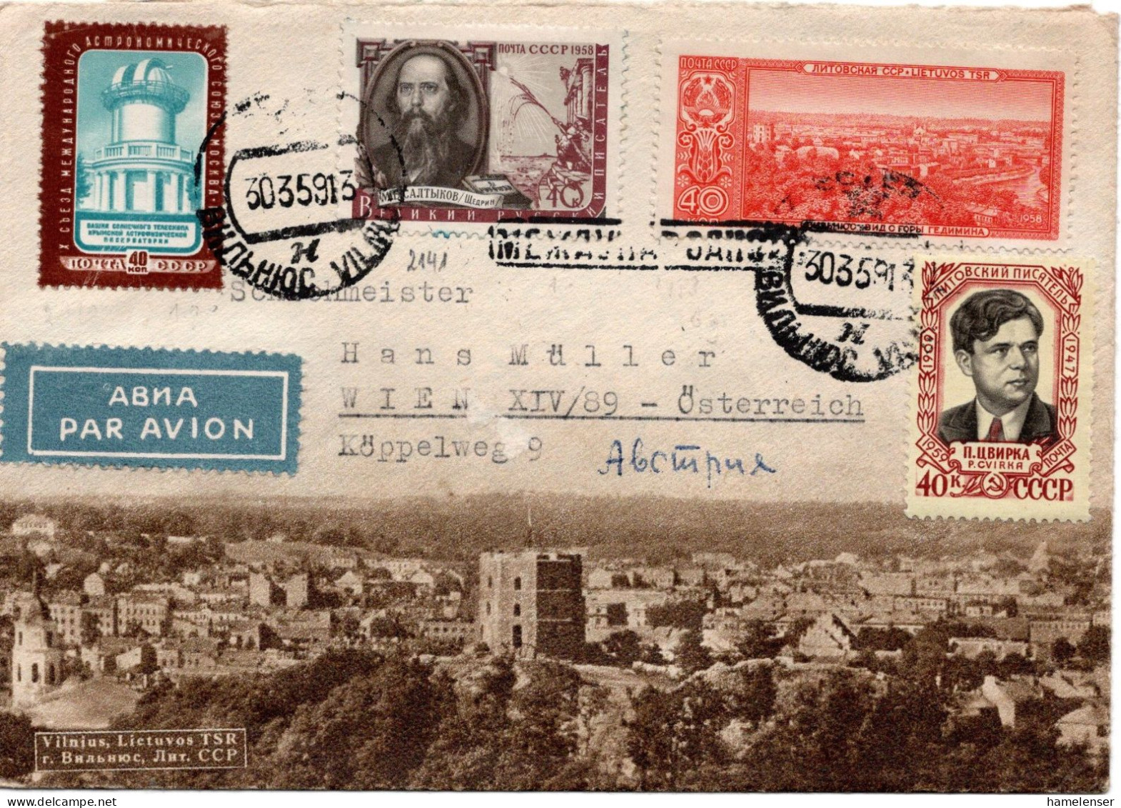 72687 - Russland / UdSSR - 1959 - 40K Observatorium MiF A LpBf VIL'NIUS -> Oesterreich - Storia Postale