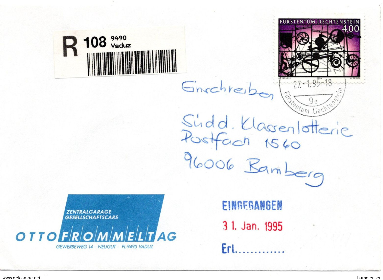 72699 - Liechtenstein - 1995 - 4,00Fr Skulptur EF A R-Bf VADUZ -> Deutschland - Lettres & Documents