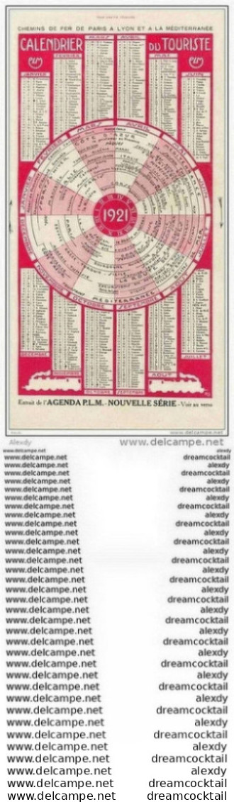 RARE CALENDRIER SUR FEUILLET DE 1921. Chemins De Fer Agenda PLM. Publications Paris Lyon Méditerranée - Groot Formaat: 1921-40