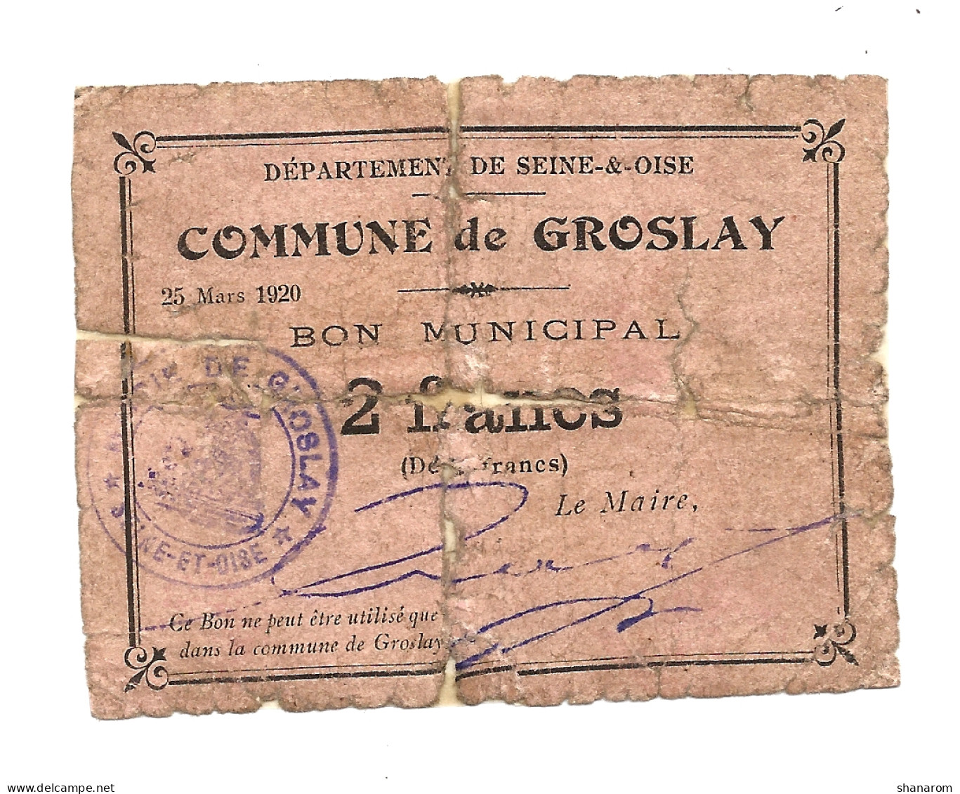 1920 // Ville De GROSLAY (Val D'Oise 95) // Bon Municipal De Deux Francs - Bonos