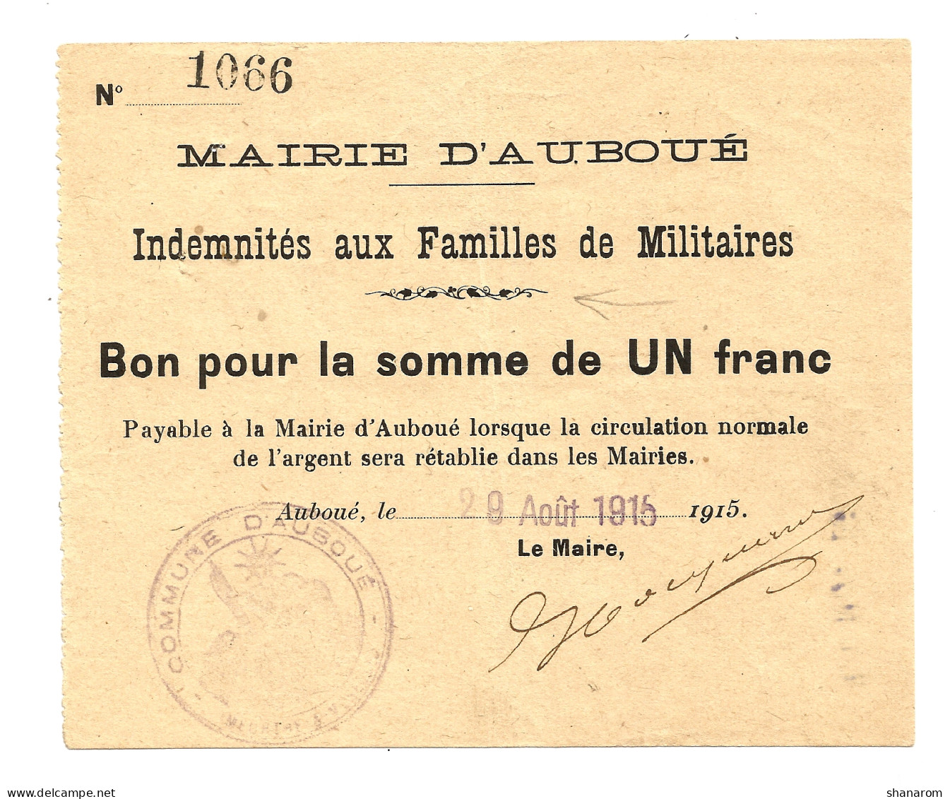 1914-1918 // Ville D'AUBOUE (Meurthe Et Moselle 54) // Indemnités Aux Familles De Militaires // Un Franc - Bons & Nécessité