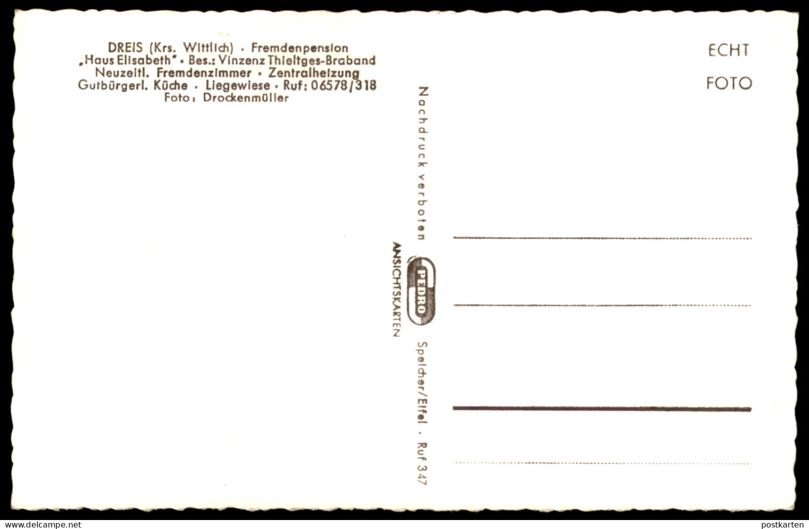 ÄLTERE POSTKARTE DREIS EIFEL FREMDENPENSION HAUS ELISABETH BES. VINZENZ THIELTGES-BRABAND WITTLICH-LAND Ansichtskarte - Wittlich