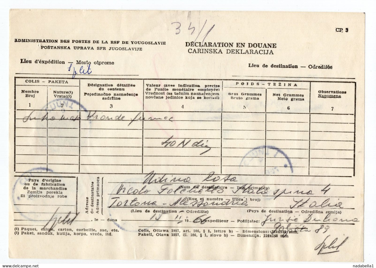 1966. YUGOSLAVIA,CROATIA,SPLIT,CUSTOMS RECEIPT - Cartas & Documentos