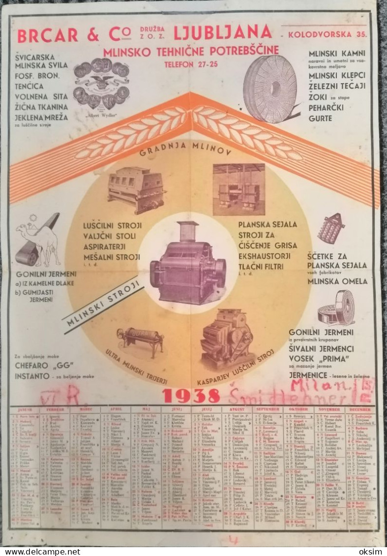 SLOVENIJA, BRCAR&CO, LJUBLJANA, MLINSKO TEHNIČNE POTREBŠČINE, 1938, Dimenzija/Größe/Size 35x50 Cm - Groot Formaat: 1921-40