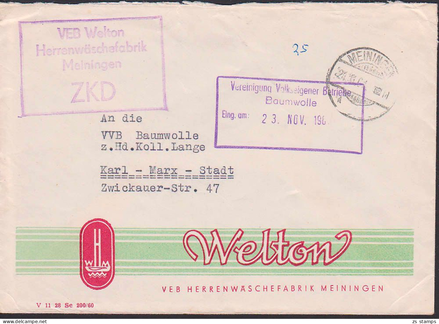 Meiningen R4 ZKD-St. VEB Welton Herrenwäschefabrik Altstempel 21.11.61 - Briefe U. Dokumente