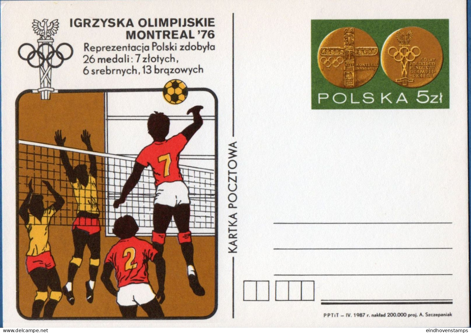 Polska, Poland 1987 Day Of Olympic Participants, Volleyball, Gold Medal, Postkarte Pol 87-P978 - Pallavolo