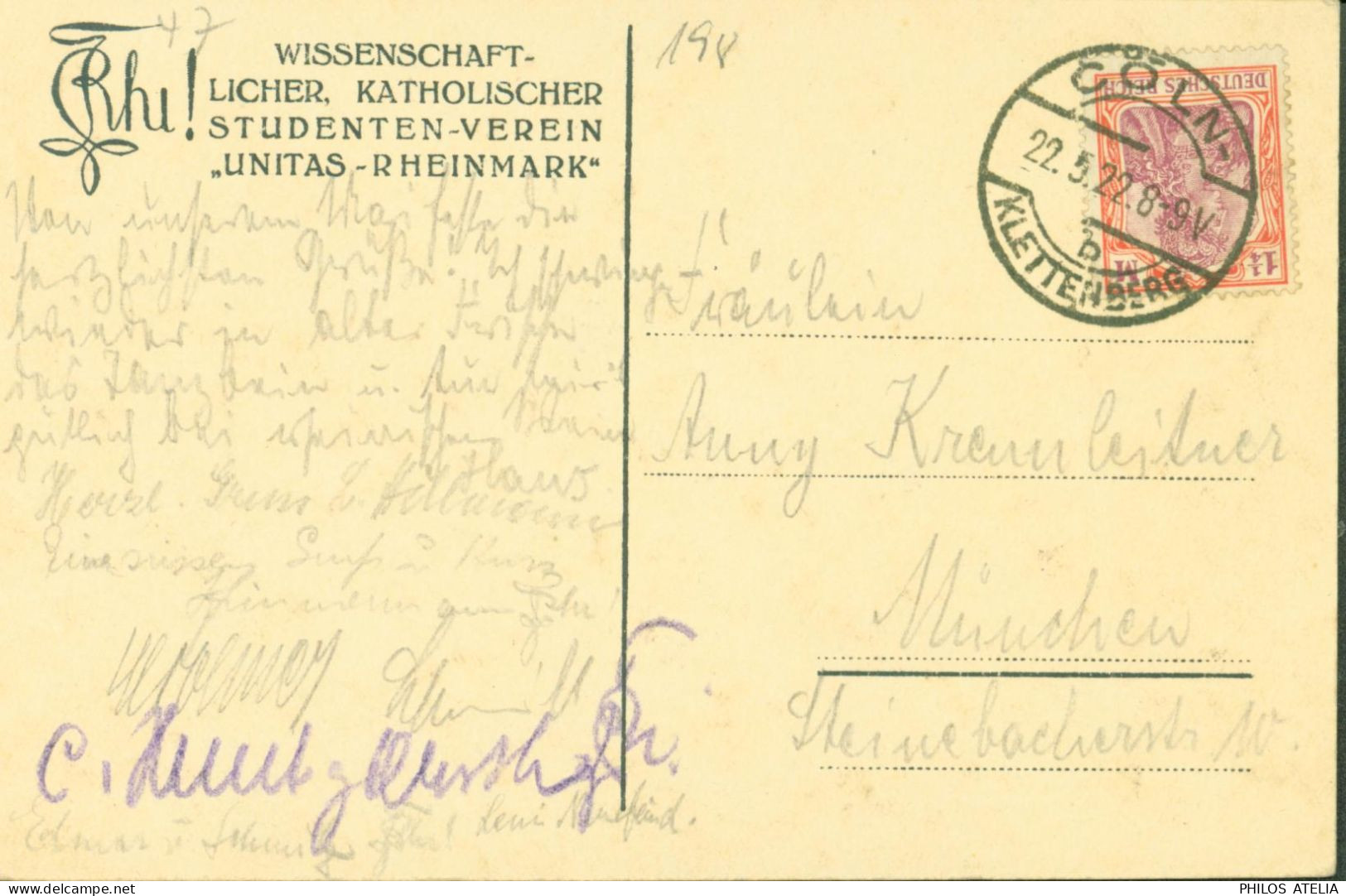 Deutsches Reich YT N°129 Seul Sur Lettre CAD Coln Klettenberg 22 5 1922 CPA Köln Unitas Rheinmark - Other & Unclassified