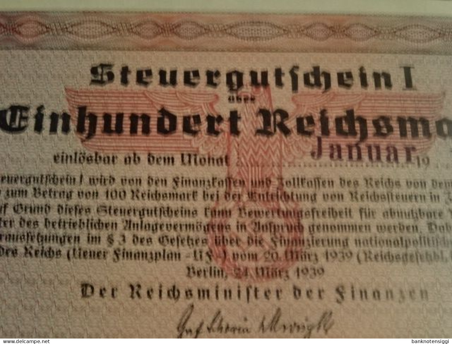 Steuergutschein I 100 Reichsmark  Januar V940 - 100 Reichsmark