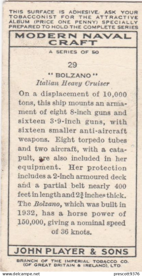 Modern Naval Dress.1939 - 29 Bolzano, Italy, Cruiser - Players Cigarette Card - Player's