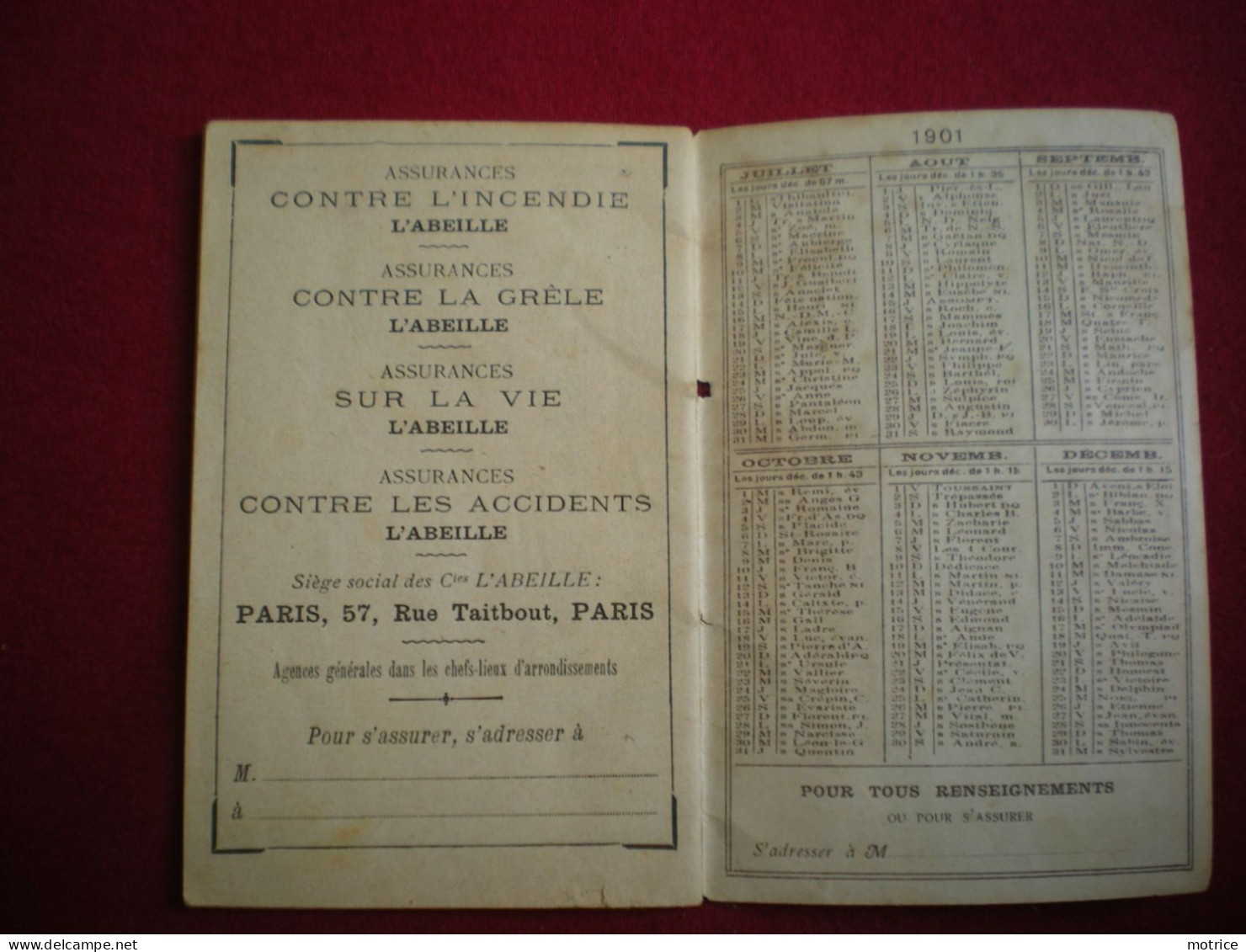 AGENDA 1901 - Offert Par L'abeille, Compagnie D'assurance, 57 Rue Taitbout à Paris. (format 12,5cm X 8cm) - Klein Formaat: 1901-20