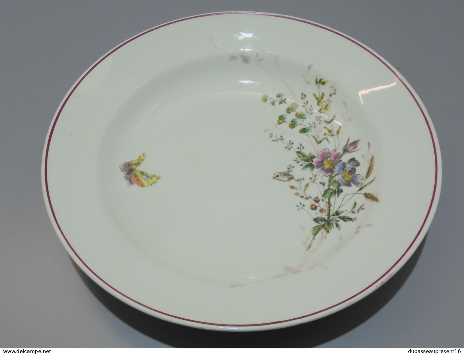 -6 ASSIETTES DEMIE CREUSE  CERAMIQUE LONGWY décor Fleurs Papillons insectes    E