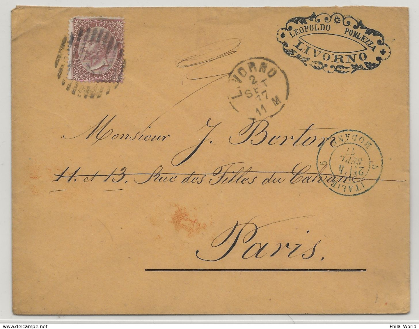 ITALIE ITALY ITALIA 1877 Cachet Entrée MODANE Lettre De LIVORNO Pour PARIS France YT 18 30c Brun Victor Emmanuel II - Marcophilia