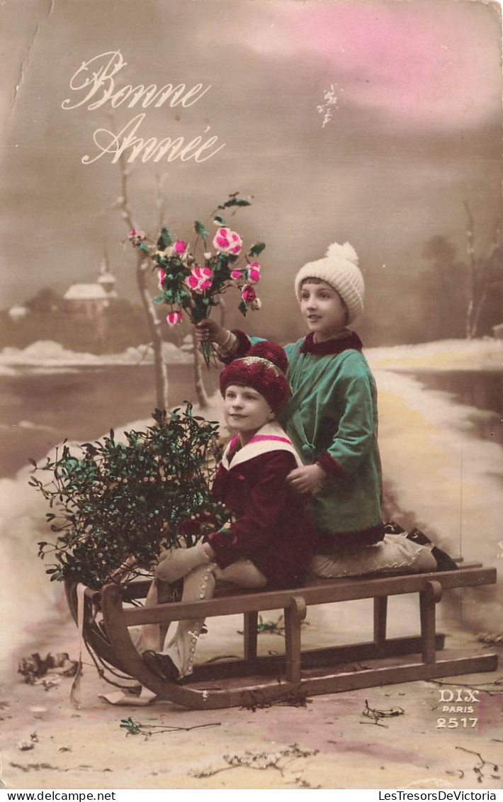 ENFANTS - Bonne Année - Deux Enfants Faisant De La Luge - Colorisé - Carte Postale Ancienne - Otros & Sin Clasificación