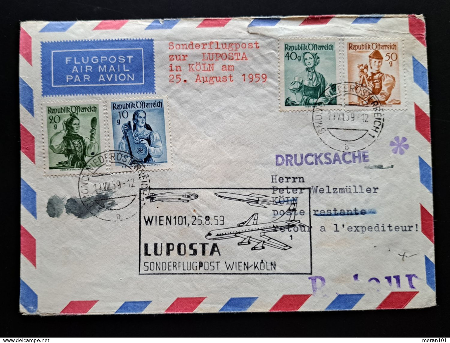 Österreich 1959, Sonderflug WIEN-KÖLN "LUPOSTA" - Eerste Vluchten