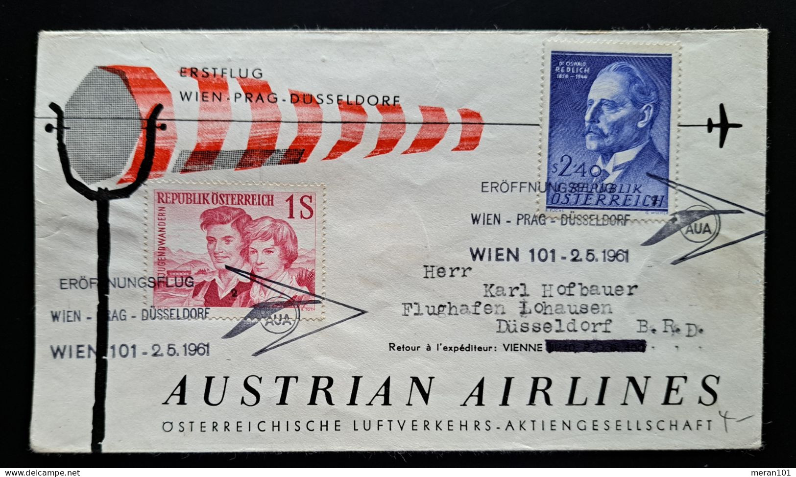 Österreich 1961, Erstflug WIEN-PRAG-DÜSSELDORF - Eerste Vluchten