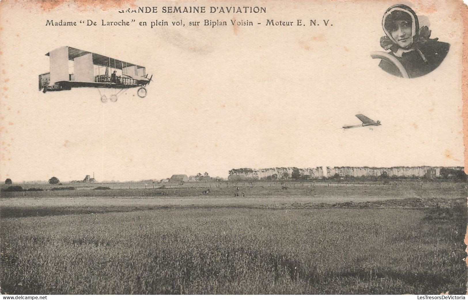 TRANSPORTS - Grande Semaine D'aviation - Mme De Laroche En Plein Vol Sur Biplan Voisin - Carte Postale Ancienne - Otros & Sin Clasificación