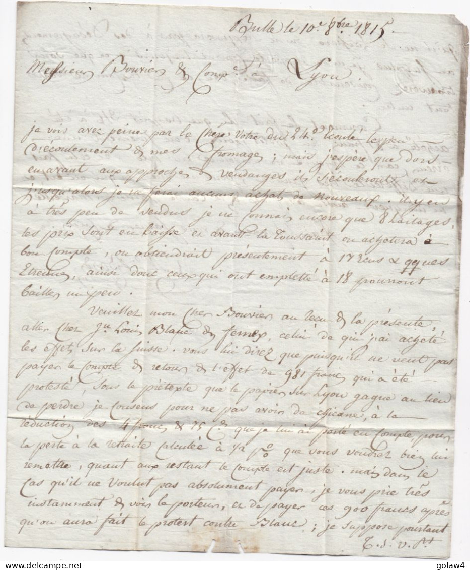 35058# LETTRE Datée De BULLE Obl YVERDON Datée Du 10 Octobre 1815 Pour LYON RHONE ARRIVEE AU DOS VORPHILA - ...-1845 Prefilatelia