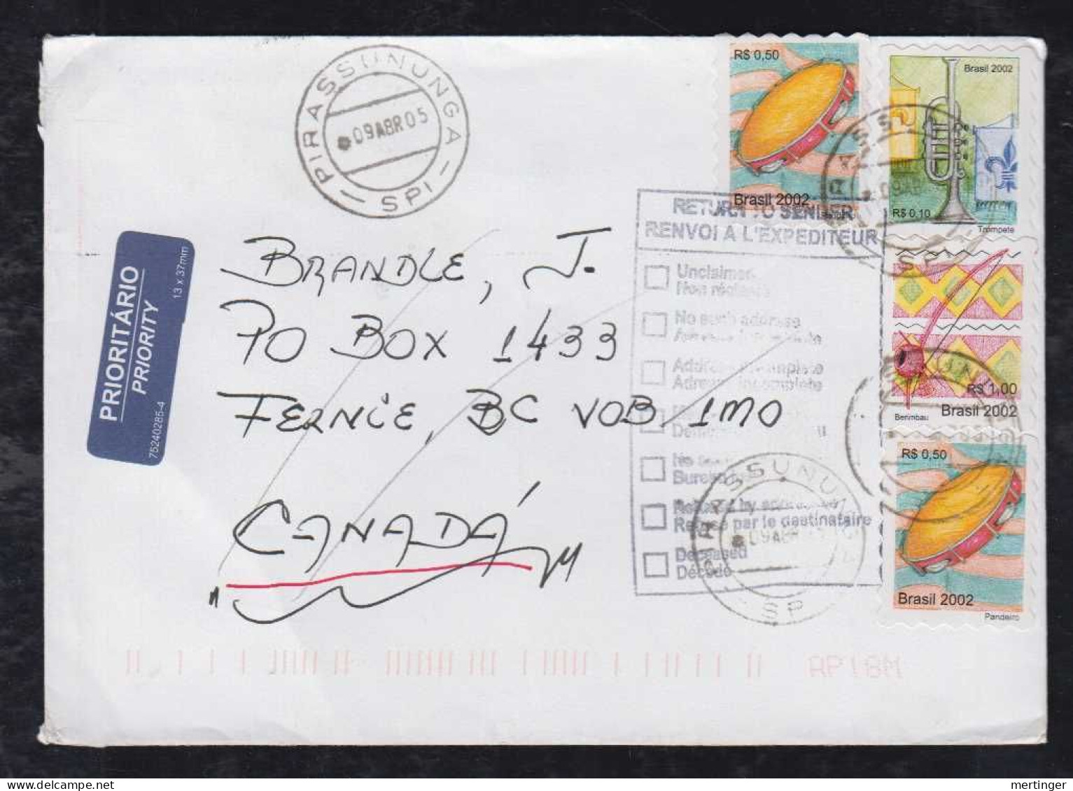 Brazil Brasil 2005 Cover PIRASSUNUNGA To CANADA Returned To Sender - Lettres & Documents