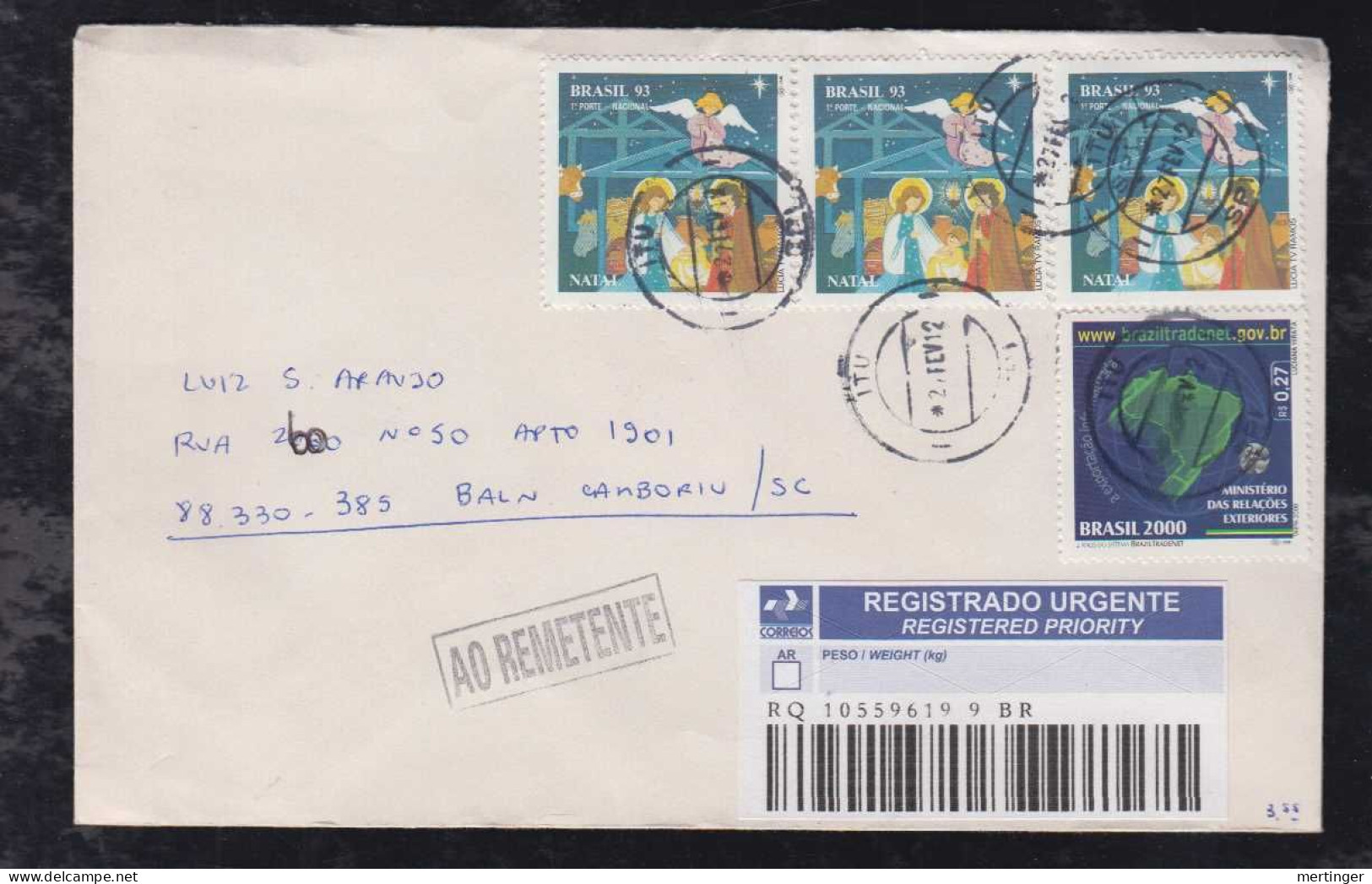 Brazil Brasil 2012 Registered Cover ITU To BAKN CAMBORIU Returned To Sender Christmas Stamp - Briefe U. Dokumente