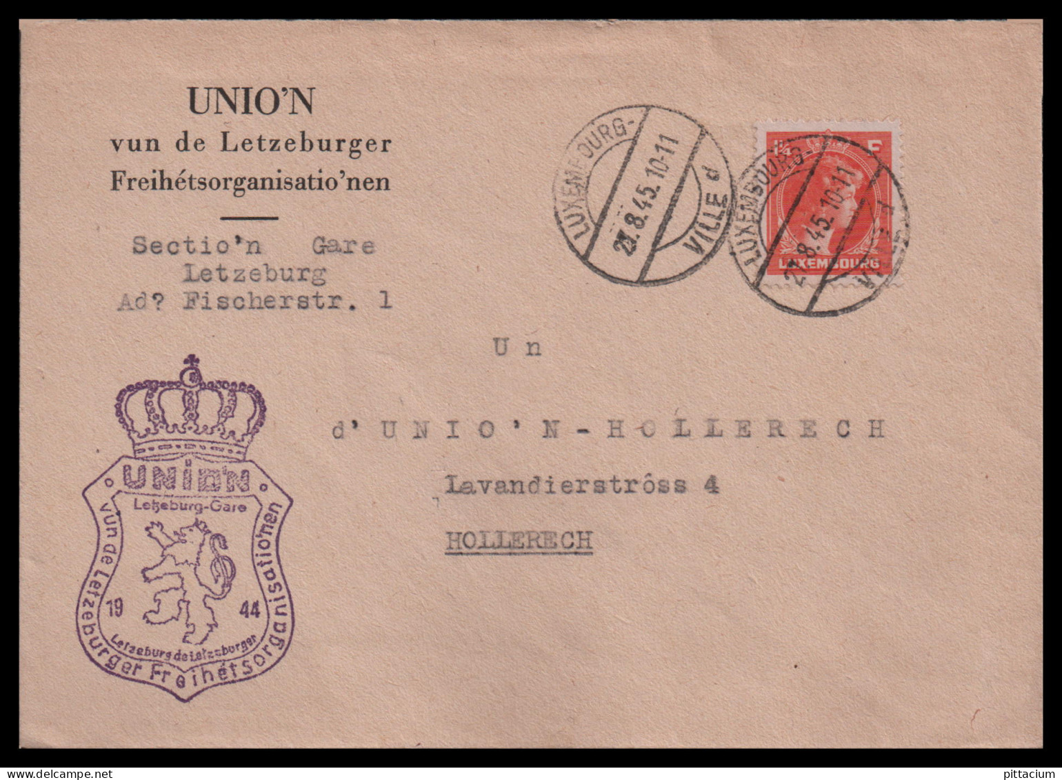 Luxemburg 1945: Brief  | Letzburg-Gare, Freihetsorganisionen, UNION | Luxemburg, Hollerech;Luxembourg - 1944 Charlotte De Profil à Droite