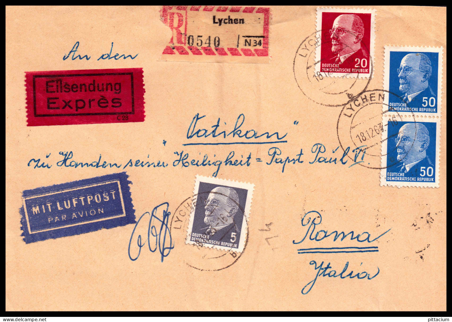 Deutschland 1963: Brief / Luftpostbrief | Papst, Religion, Kommunismus | Lychen, Berlin, Roma AD - Poste Aérienne
