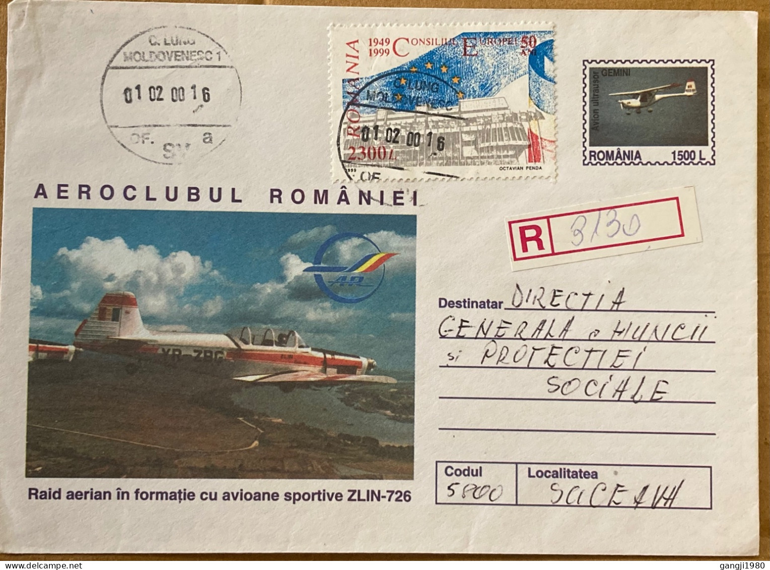 ROMANIA 2001, STATIONERY, ILLUSTRATE, REGISTER COVER USED, 1999, EUROPA STAMP, AIRPLANE, CAMPULUNG MOLDOVENESC CITY CANC - Brieven En Documenten