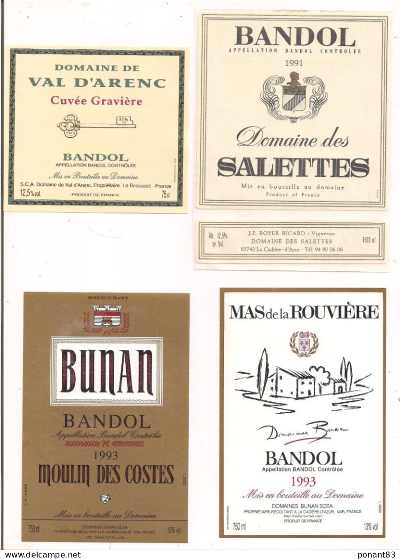 Etiquettes BANDOL: Val D'Arenc, Domaine Des Salettes 1991,Moulin Des Costes 1993,mas De La Rouvière 1993 - - Rosés