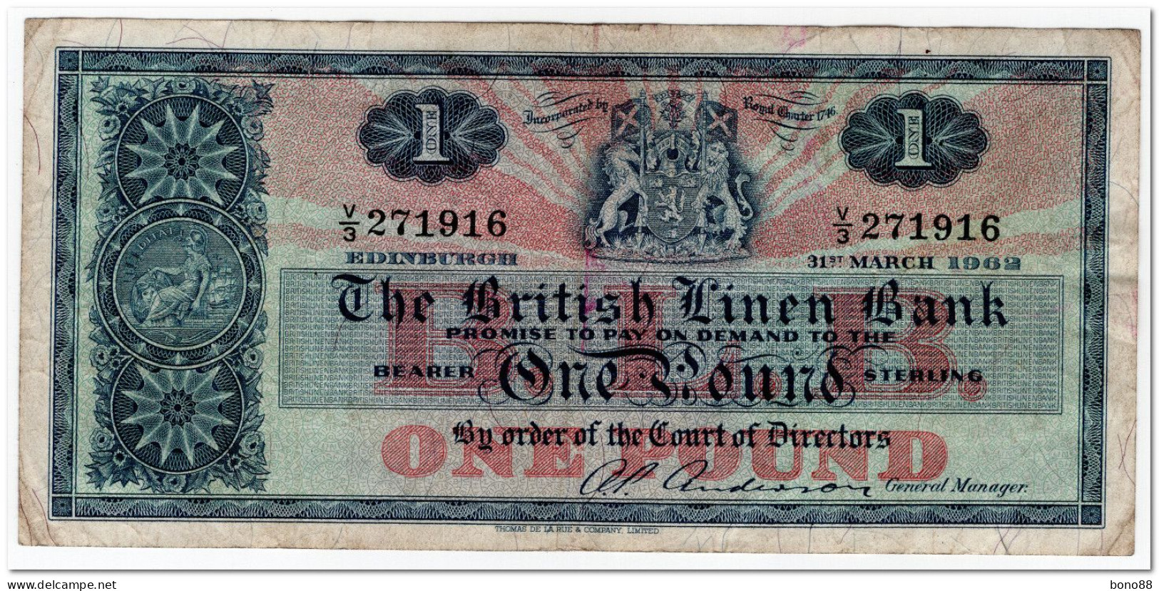 SCOTLAND,THE BRITISH LINEN BANK,1 POUND,1962,P.166a,F-VF - 1 Pound