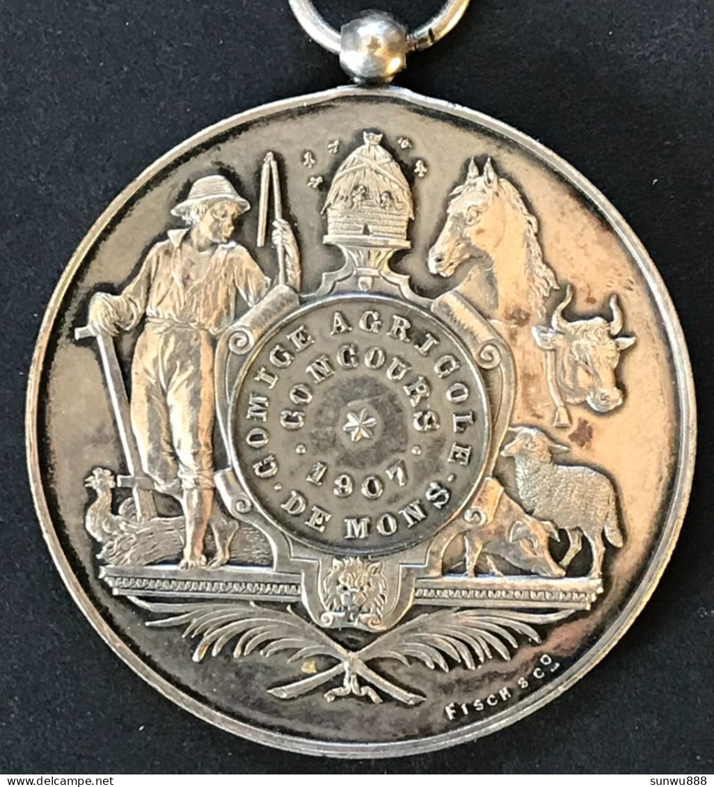 Belle Médaille Comice Agricole Concours Mons 1907 - Métal Argenté Fisch & Co - Sonstige & Ohne Zuordnung