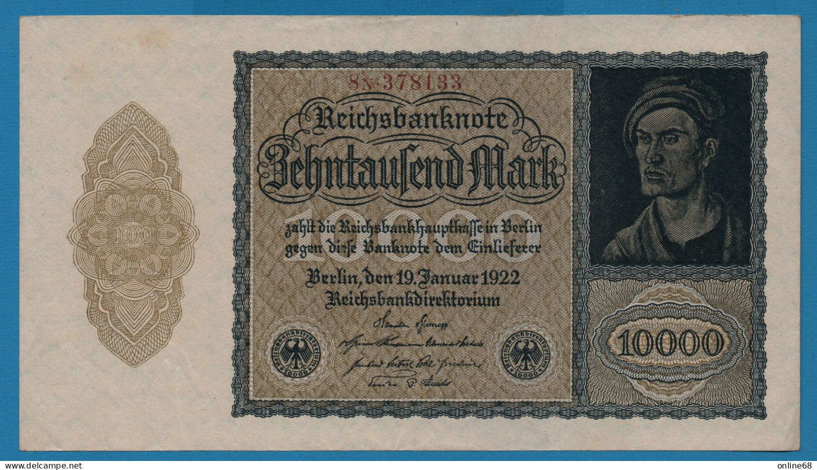 DEUTSCHES REICH 10000 MARK 19.01.1922 # 8N.378133 P# 72 - 10000 Mark