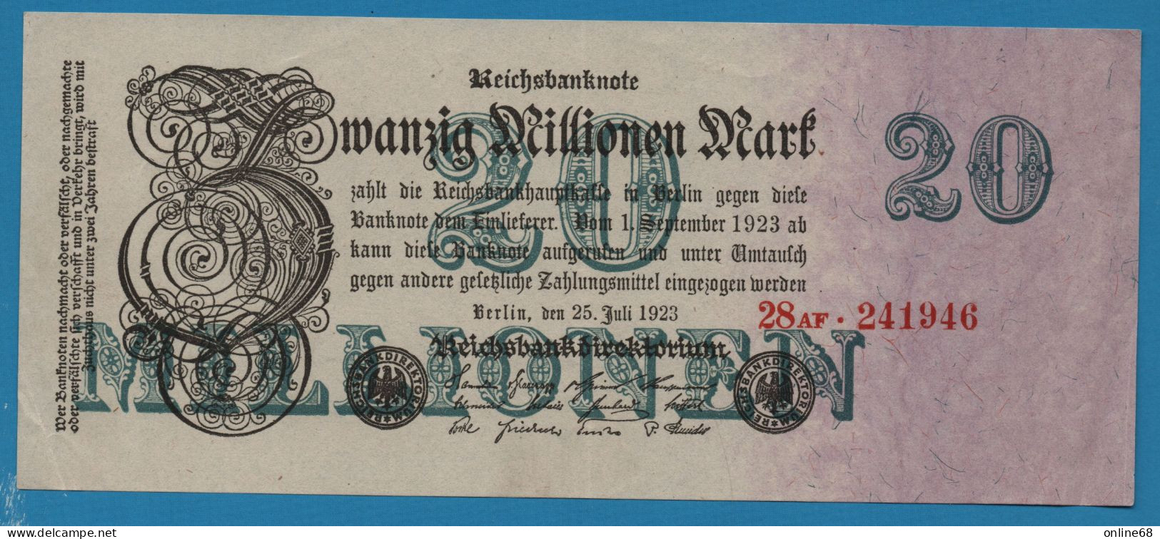 DEUTSCHES REICH 20 MILLIONEN MARK 25.07.1923 # 28AF.241946 P# 97b - 20 Millionen Mark