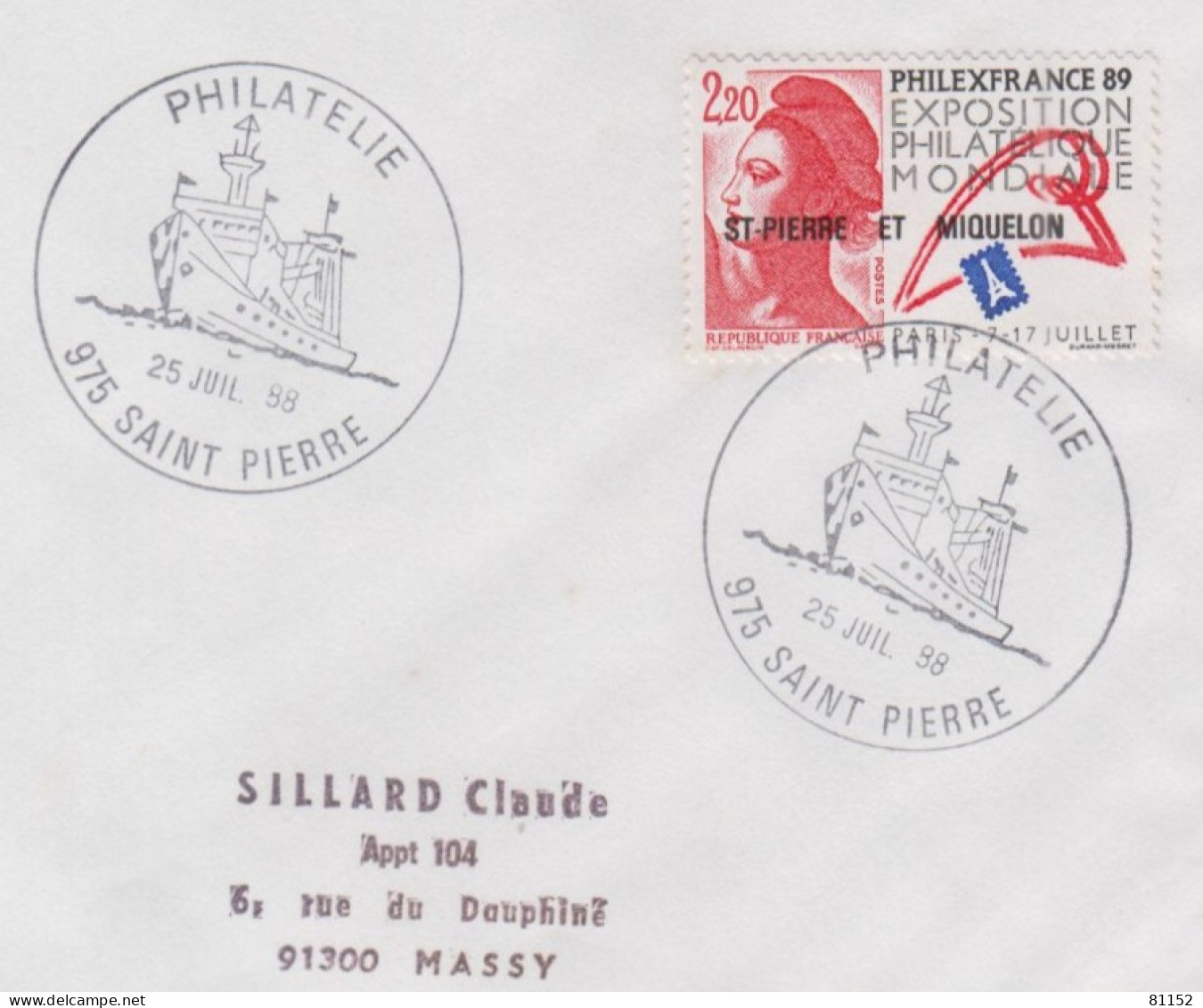 PHILEXFRANCE 89  Surchargé  " ST PIERRE ET MIQUELON "  Y.T. 489   2.20F  Le 25 Juin 1988  Sur Lettre  Pour 91300 MASSY - Lettres & Documents