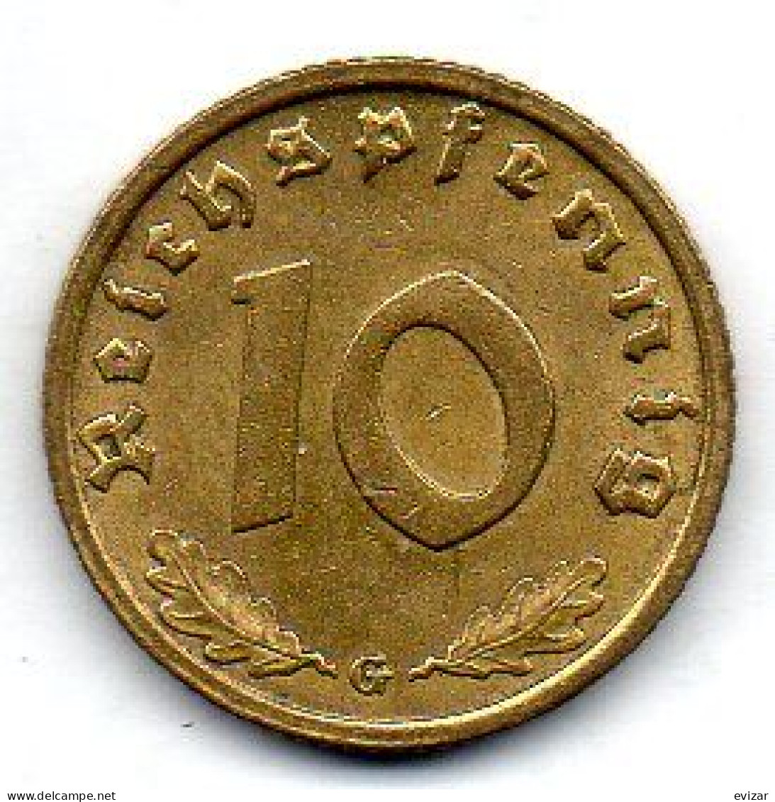 GERMANY - THIRD REICH, 10 Reichs Pfennig, Aluminum-Bronze, Year 1938-G, KM # 92 - 10 Reichspfennig